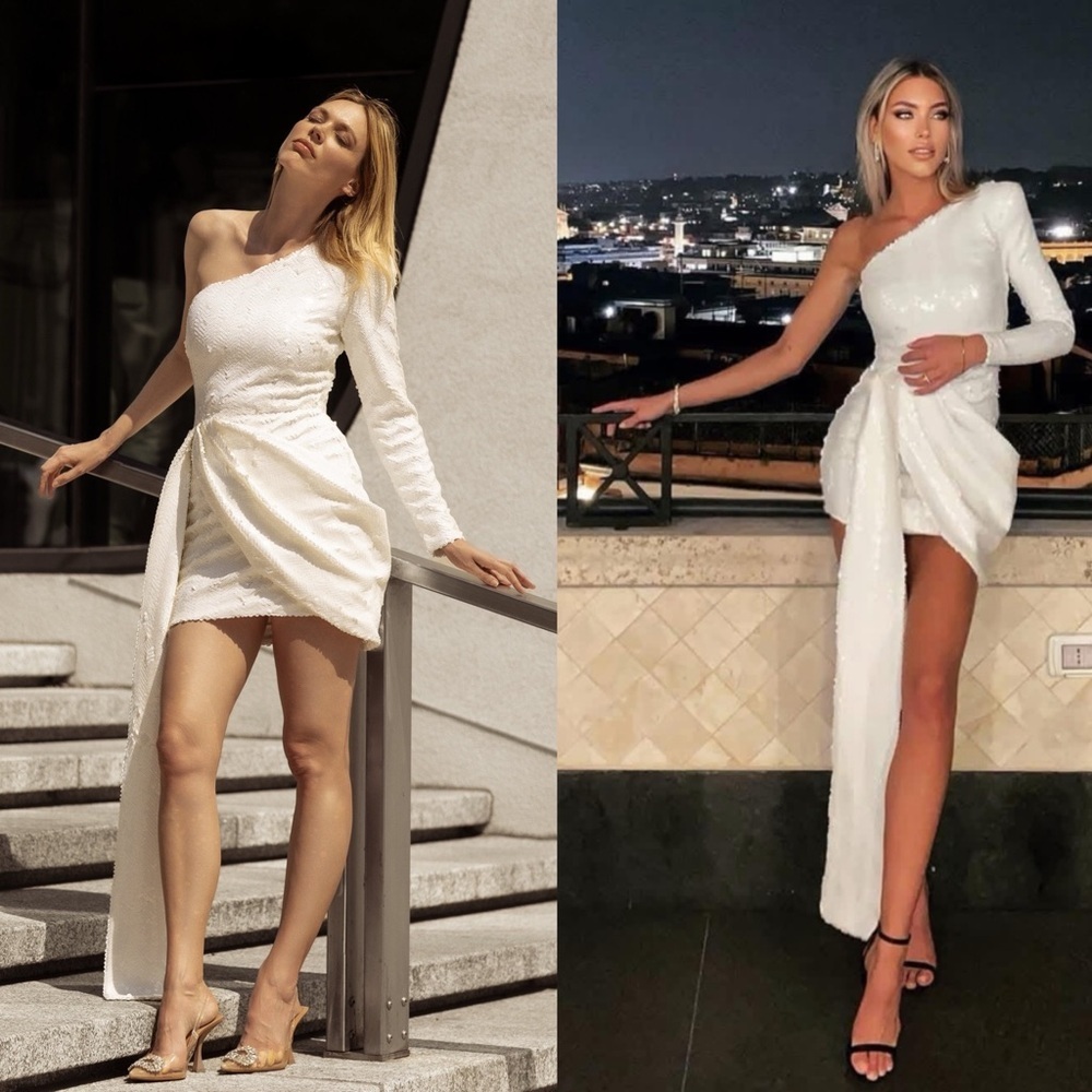 NEW! Nadine Merabi- Celina White Dress One Shoulder Sequin Size S Bridal